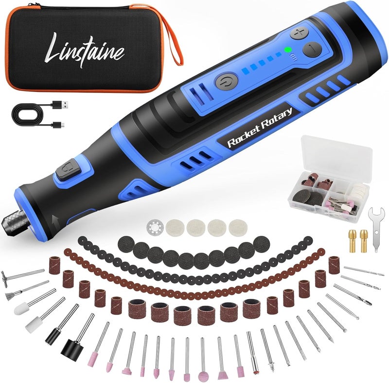 Linstaine مجموعة أدوات دوارة لاسلكية 8 فولت مع 135 قطعة ملحقات، قلم نقش قابل لإعادة الشحن ببطارية 2.8Ah مع ضوء LED، أدوات دوارة بقوة 5 سرعات 30000 دورة في الدقيقة للحفر والطحن والصنفرة والتلميع والقطع - Image 1